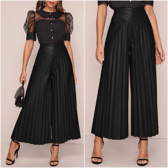 Pants - Black Accordion Vegan Leather Palazzo Wide Pants